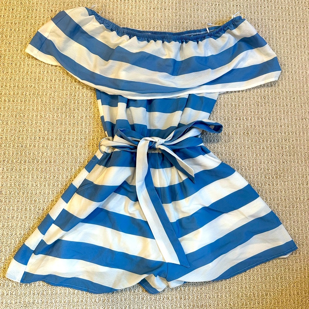 Blue and white strip off the shoulder romper!